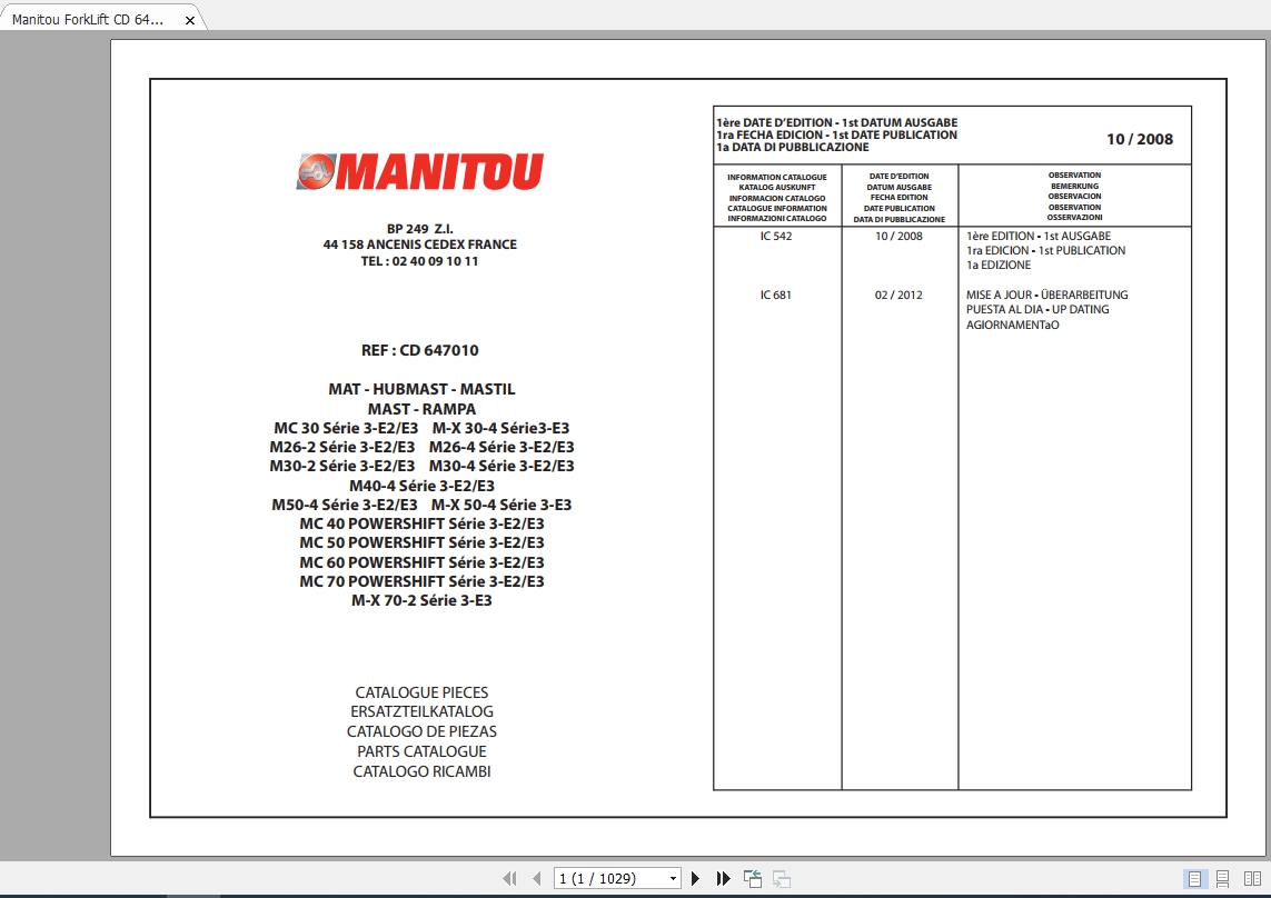 Manitou ForkLift MC30 70 Parts Manual 1