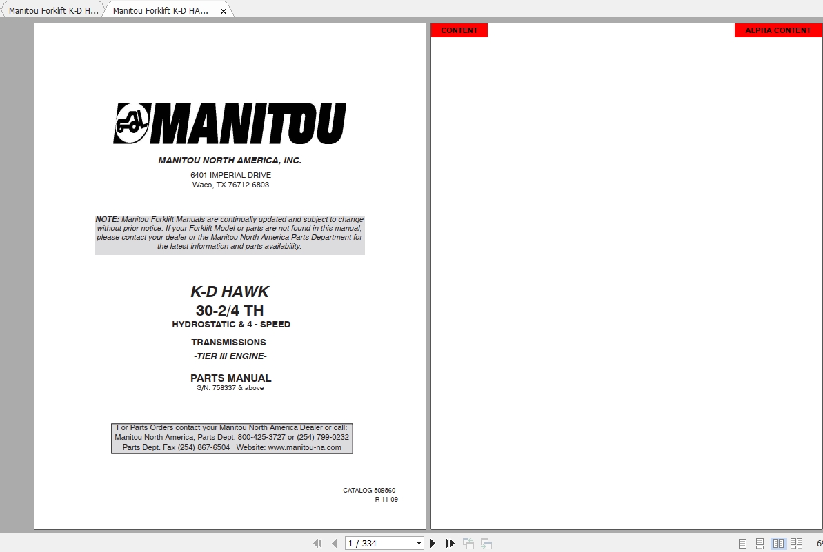 Manitou Forklift K D HAWK 30 24 Parts Manual 2