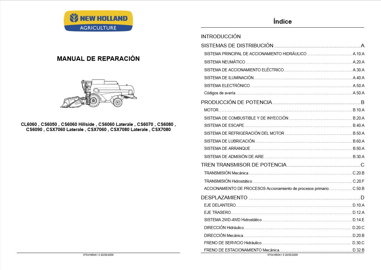 New Holland Combine Cl6060   Csx7080 Repair Manual87541665a11
