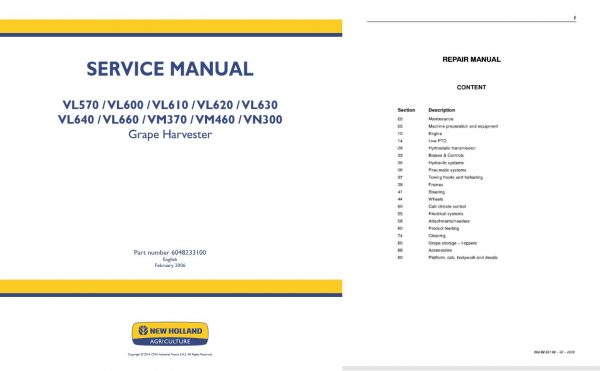 New Holland Grape Harvester Vl570   Vn300 Service Manual60482331002