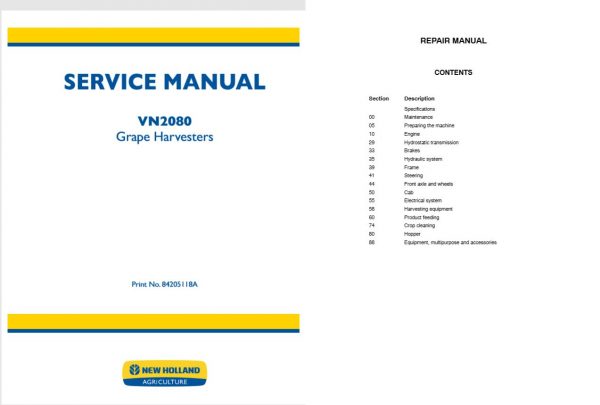 New Holland Grape Harvester Vn2080 Service Manual84205118a2