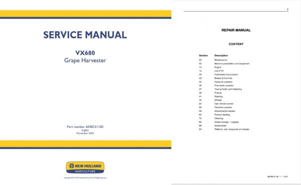 New Holland Grape Harvester Vx680 Service Manual60482311002