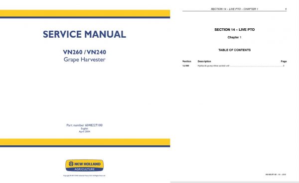 New Holland Harvester Vn260   Vn240 Service Manual60482271002