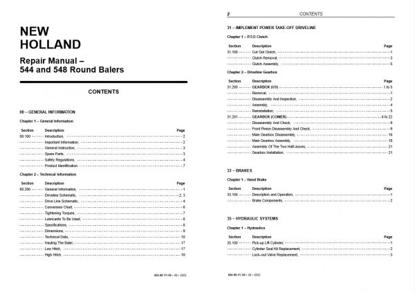 New Holland Round Baler 544   548 Repair Manual60466111011
