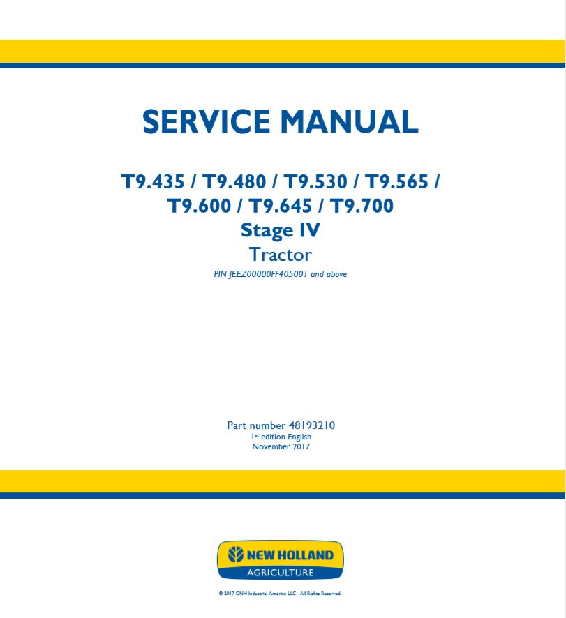 New Holland Tractor T9435 T9700 Service Manual481932101
