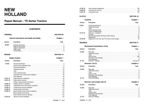 New Holland Tractor Td60d Td95d Service Manual876164232