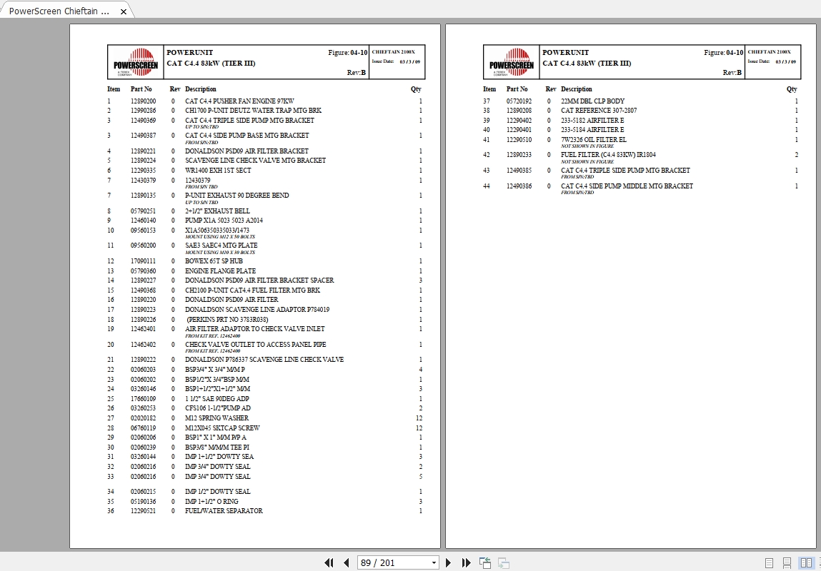 PowerScreen Chieftain 2100X Parts Manual