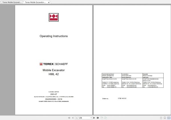 Terex Mobile Excavator HML42 Parts Catalog Operating Instructions 1