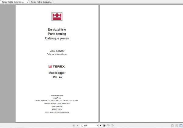 Terex Mobile Excavator HML42 Parts Catalog Operating Instructions 2