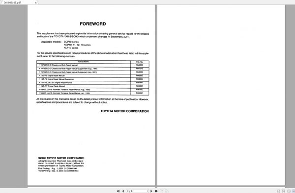 Toyota Yaris Echo 200109 Repair Manual Supplement 1