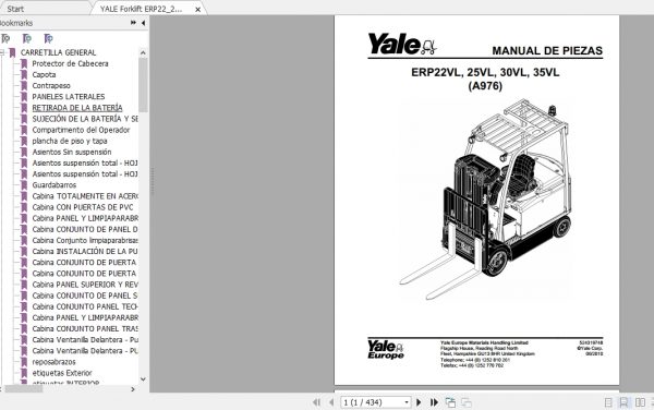 YALE Forklift ERP22253035VL A976 Parts ManualES524319748 1
