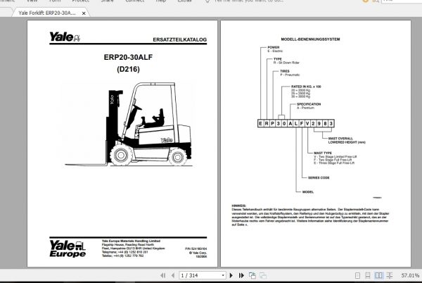 Yale Forklift ERP20 30ALF D216 Parts ManualDE524183104 1