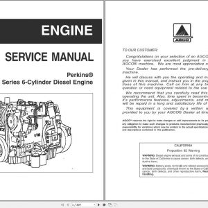 AGCO Perkins 1100 Series 6 Cylinder Diesel Engine Service Manual1449585M1 1