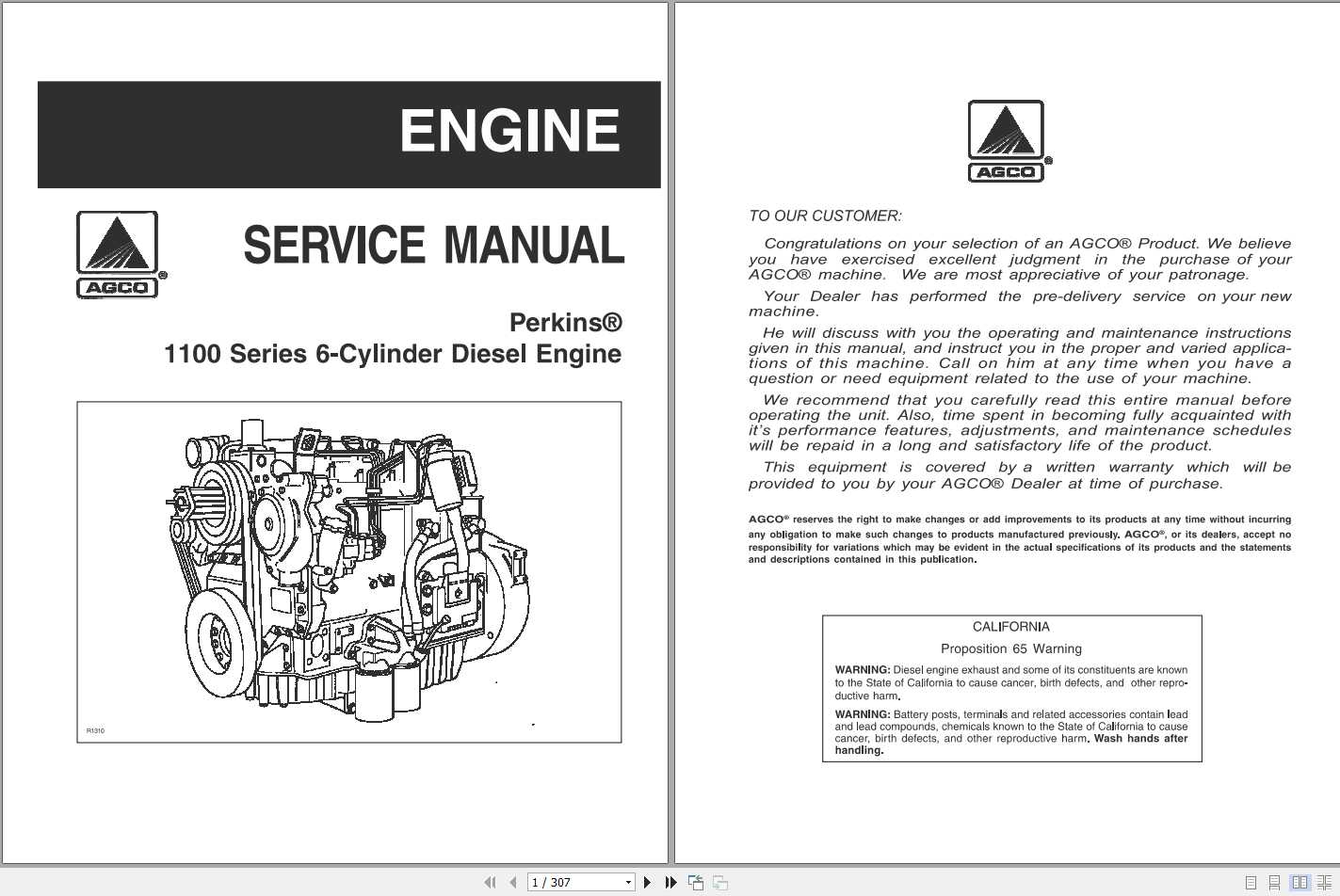 AGCO Perkins 1100 Series 6 Cylinder Diesel Engine Service Manual1449585M1 1