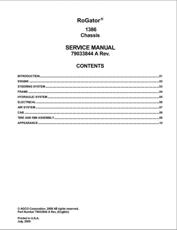 Ag Chem 1386 RoGator Chassis Service Manual79033844A 1