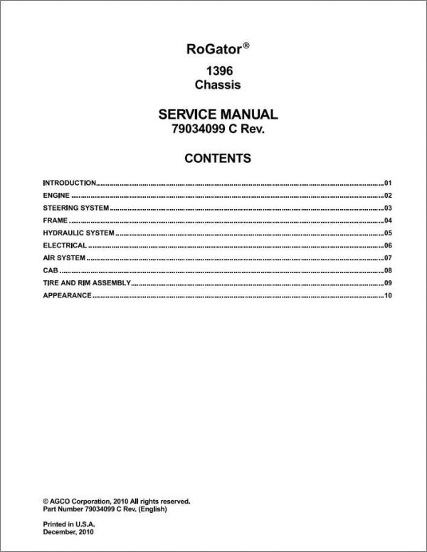 Ag Chem 1396 RoGator Chassis Service Manual79034099C 1