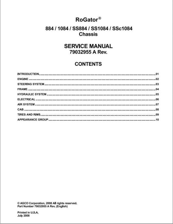 Ag Chem 884 1084 SS884 SS1084 SSc1084 RoGator Service Manual79032955 1