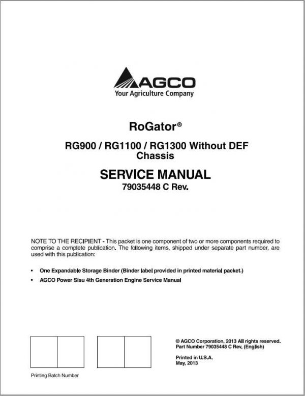 Ag Chem RG900 RG1100 RG1300 RoGator without DEF Chassis Service Manual79035448C 1