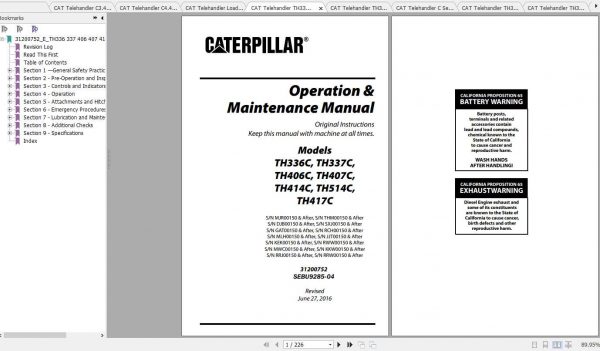 CAT Telehandler TH336C Operation Parts and Maintenance Manual 1
