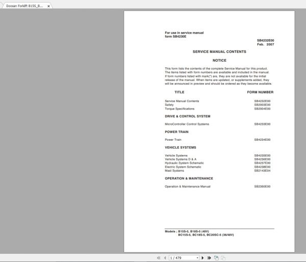 Doosan Forklift B15SB18S 5 BC15SBC1SBC20SC 5 53648V Service ManualSB4230E 1
