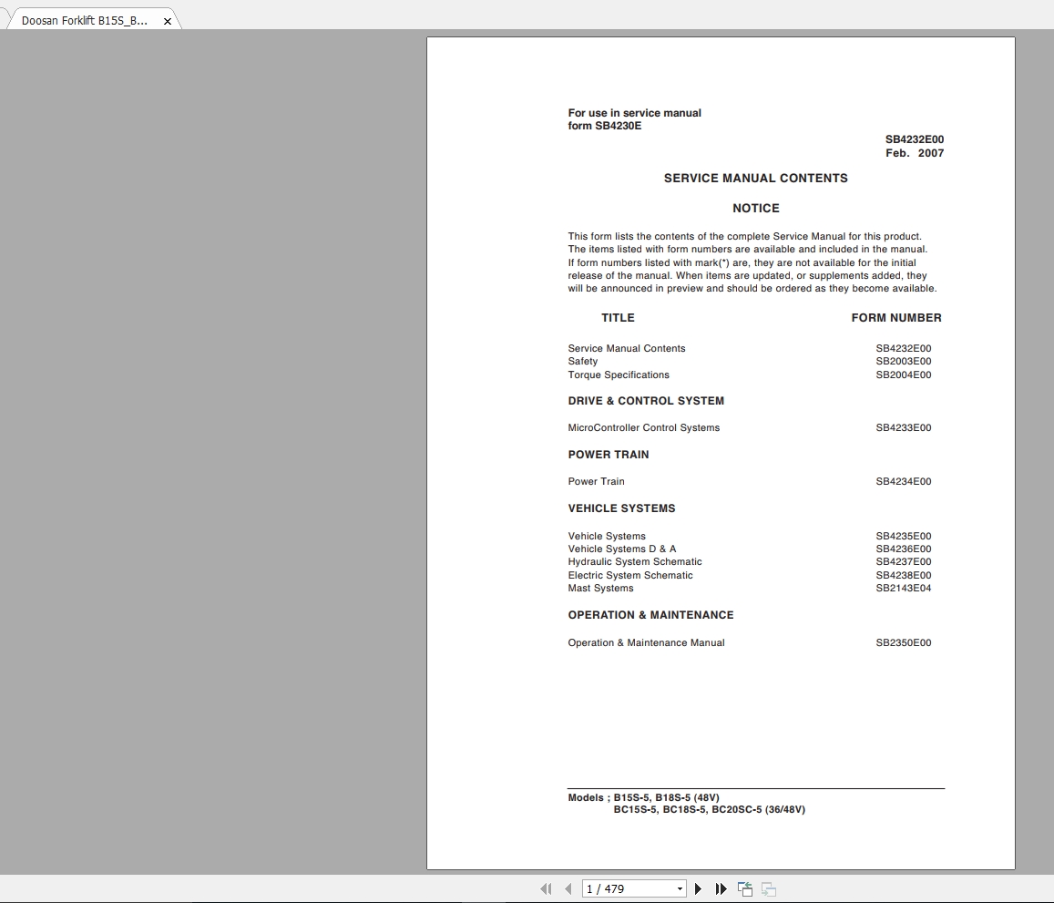 Doosan Forklift B15SB18S 5 BC15SBC1SBC20SC 5 53648V Service ManualSB4230E 1