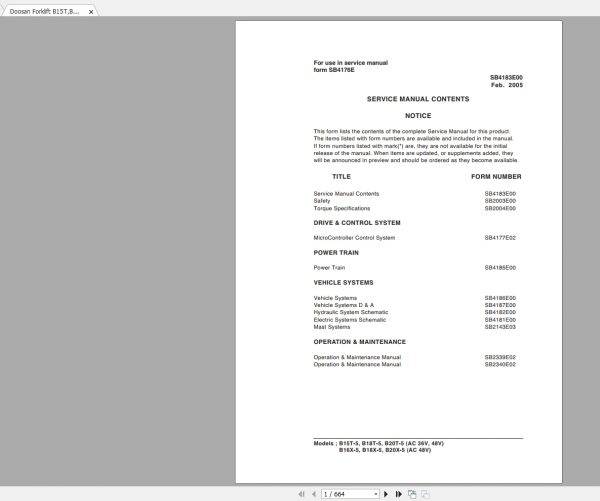 Doosan Forklift B15TB18TB20TB16XB18XB20X 5AC Service ManualSB4176E 1