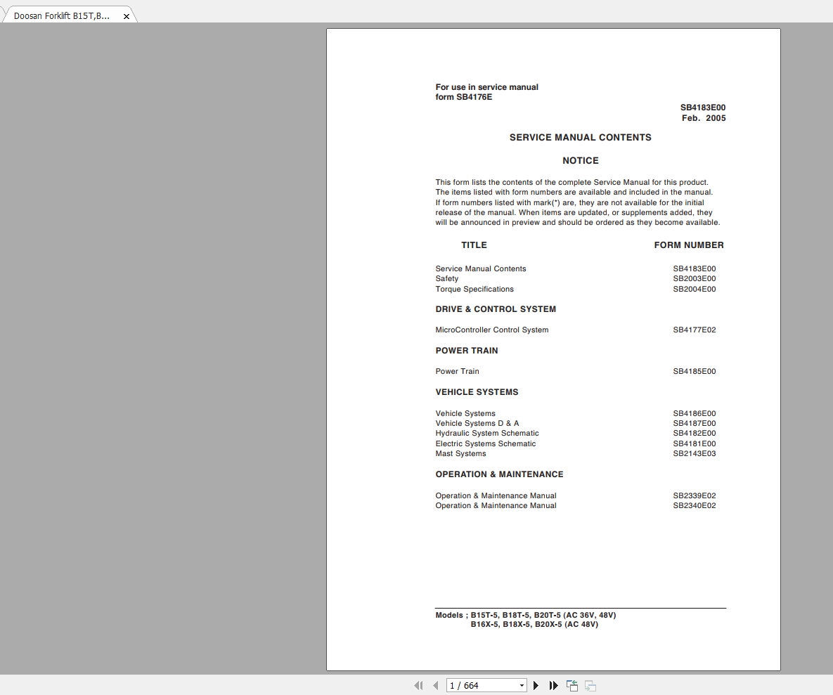 Doosan Forklift B15TB18TB20TB16XB18XB20X 5AC Service ManualSB4176E 1