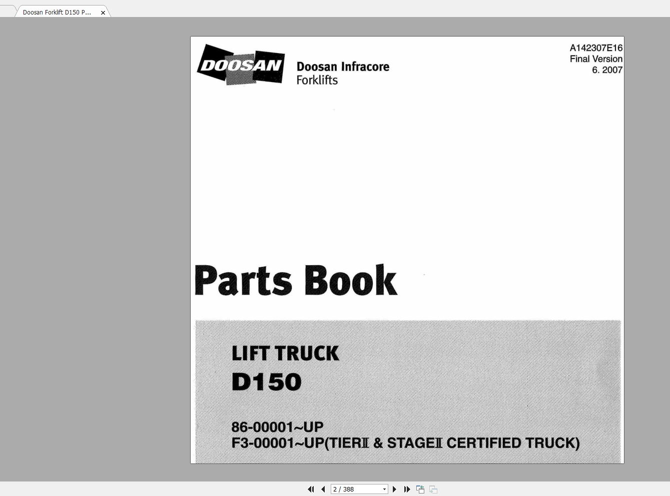 Doosan Forklift D150 Parts Book_A142307E16