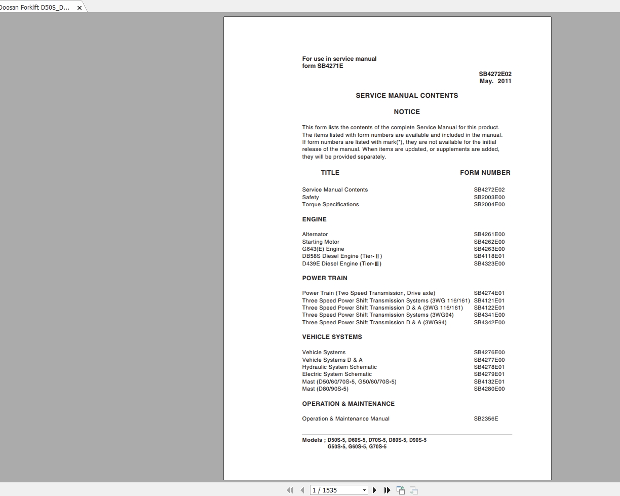 Doosan Forklift D50SD90S 5 G50SG70S 5 Service ManualSB4271E 1