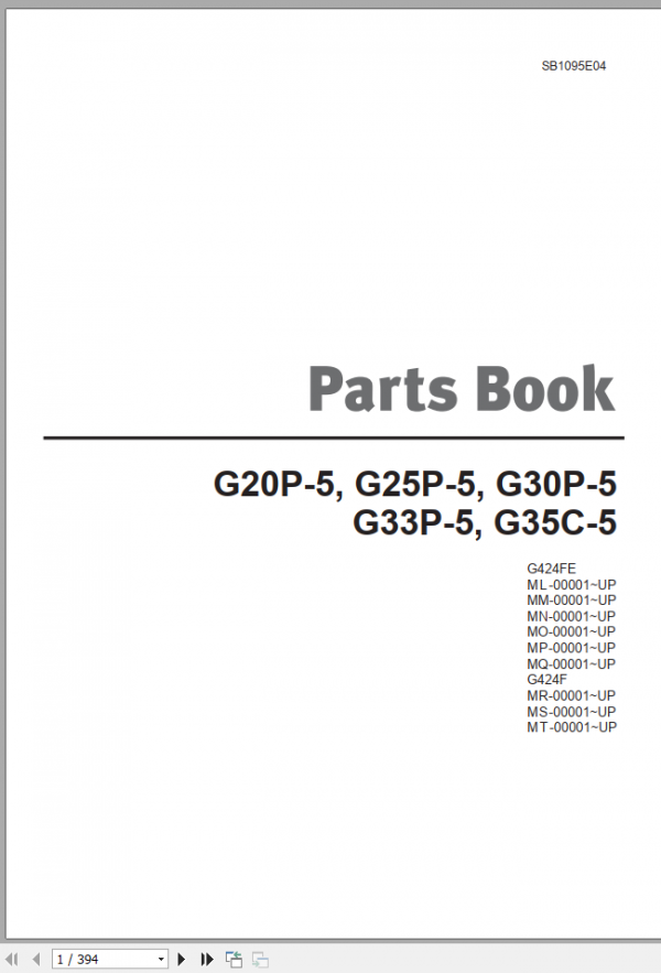 Doosan Forklift ML MM MN MO MO MQ MR MS MT G20 25 30 33P 5 G35C 5SB1095E04 Parts BookEN 1