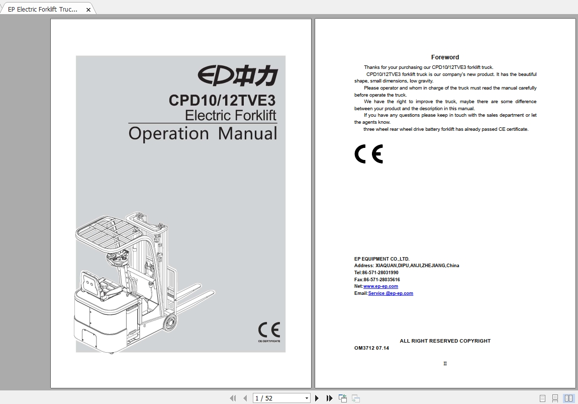 EP Electric Forklift Truck CPD1012TVE3 Operation Manual 1