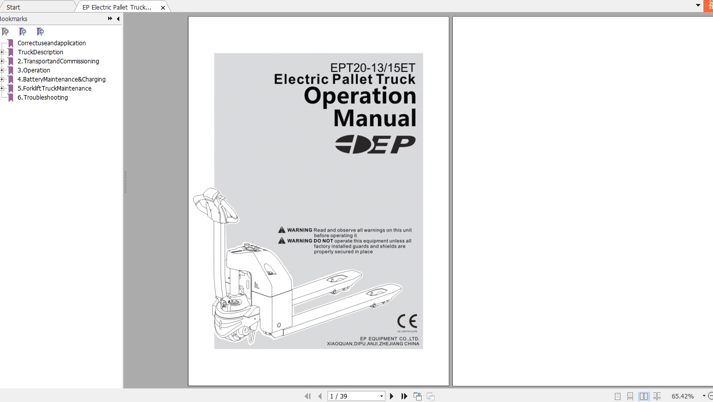 EP Electric Pallet Truck ETP20 1315ET Operation Manual 1