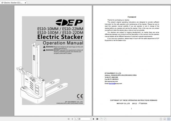 EP Electric Stacker ES10 1022MMDM Operation Manual 1