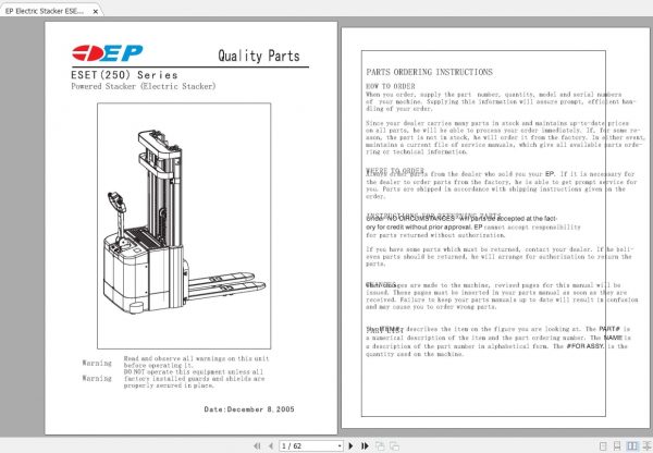 EP Electric Stacker ESET250 Series Parts Manual 1