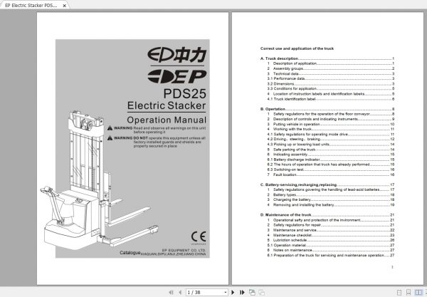 EP Electric Stacker PDS25 Operation Manual 1