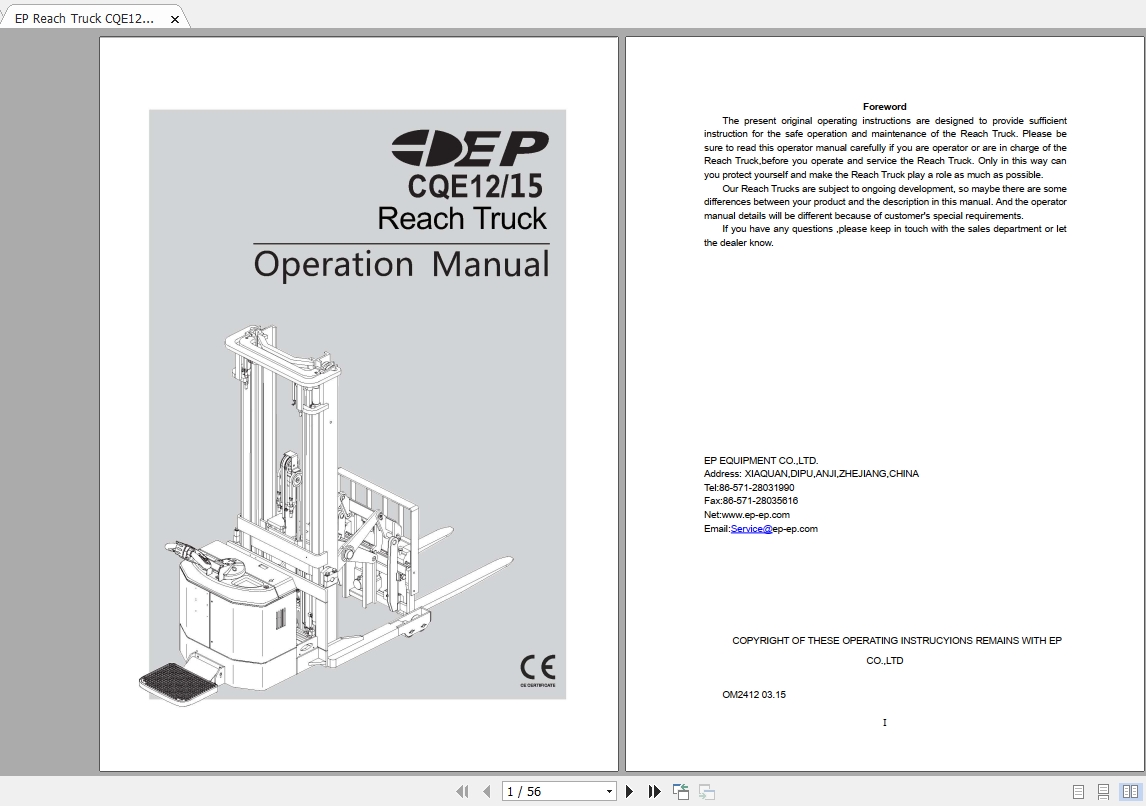 EP Reach Truck CQE1215 Operation Manual 1
