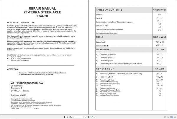 Fendt Tractor ZF Terra Steer Axle TSA20 Repair Manual72618975 2