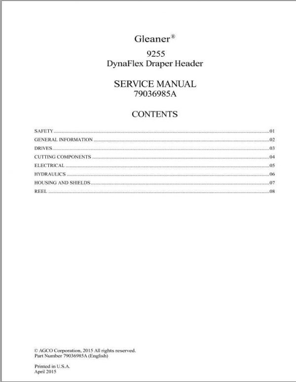 Gleaner 9255 DynaFlex Draper Header Service Manual79036985A 1