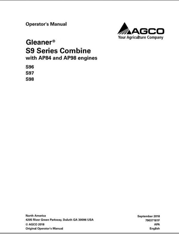 Gleaner Combine S96 S97 S98 Operators Manual79037181F 1