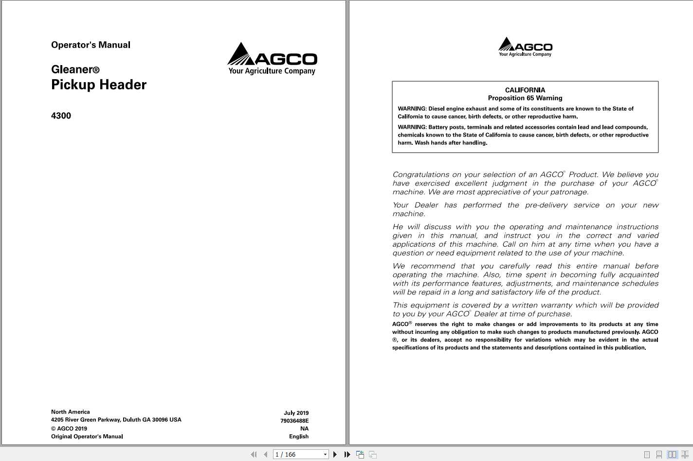 Gleaner Pickup Header 4300 Operators Manual79036488E 1
