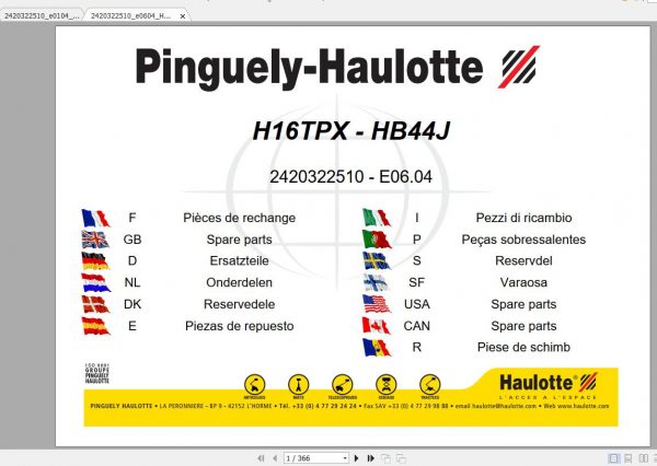 Haulotte Articulated Boom Lift H16TPX Parts Manual 1