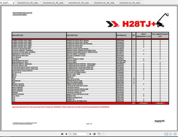 Haulotte Articulated Boom Lift H28TJ HB86TJ Parts Manual2420340120 1