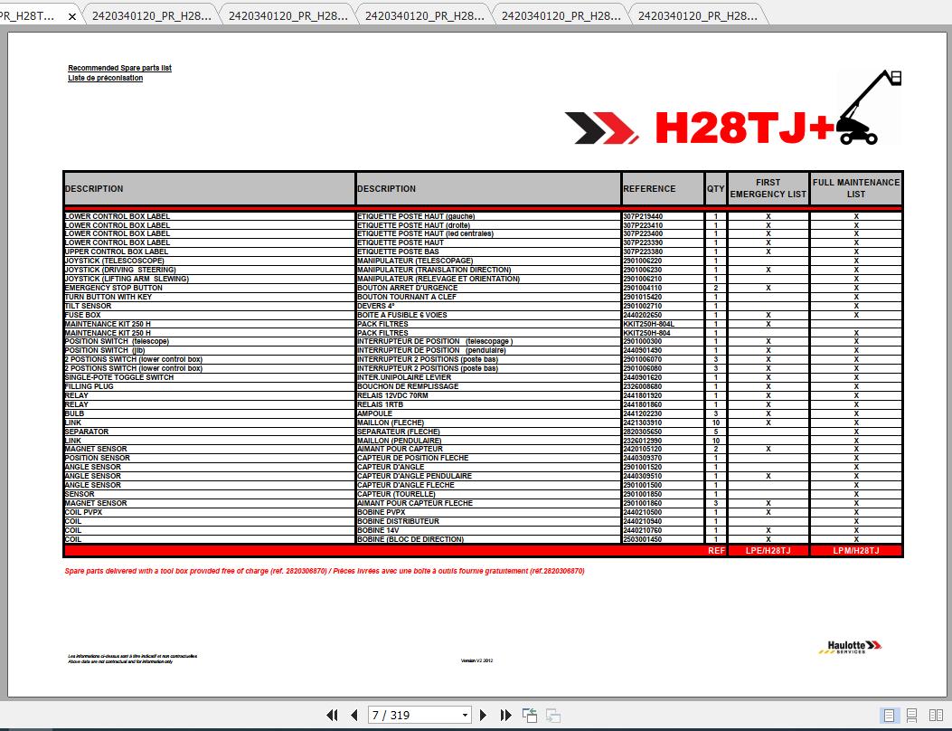 Haulotte Articulated Boom Lift H28TJ HB86TJ Parts Manual2420340120 1