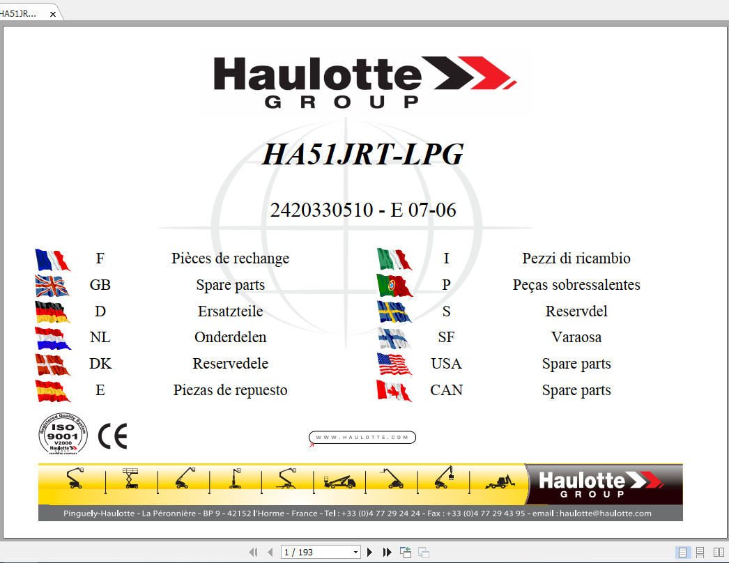 Haulotte Articulated Boom Lift HA51JRT LPG Parts Manual2420330510 1