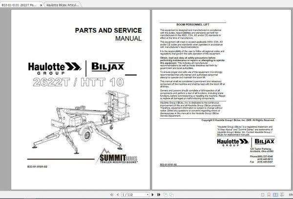Haulotte Bil jax Articulated Boom Lift 2622T Parts and Service Manual 1