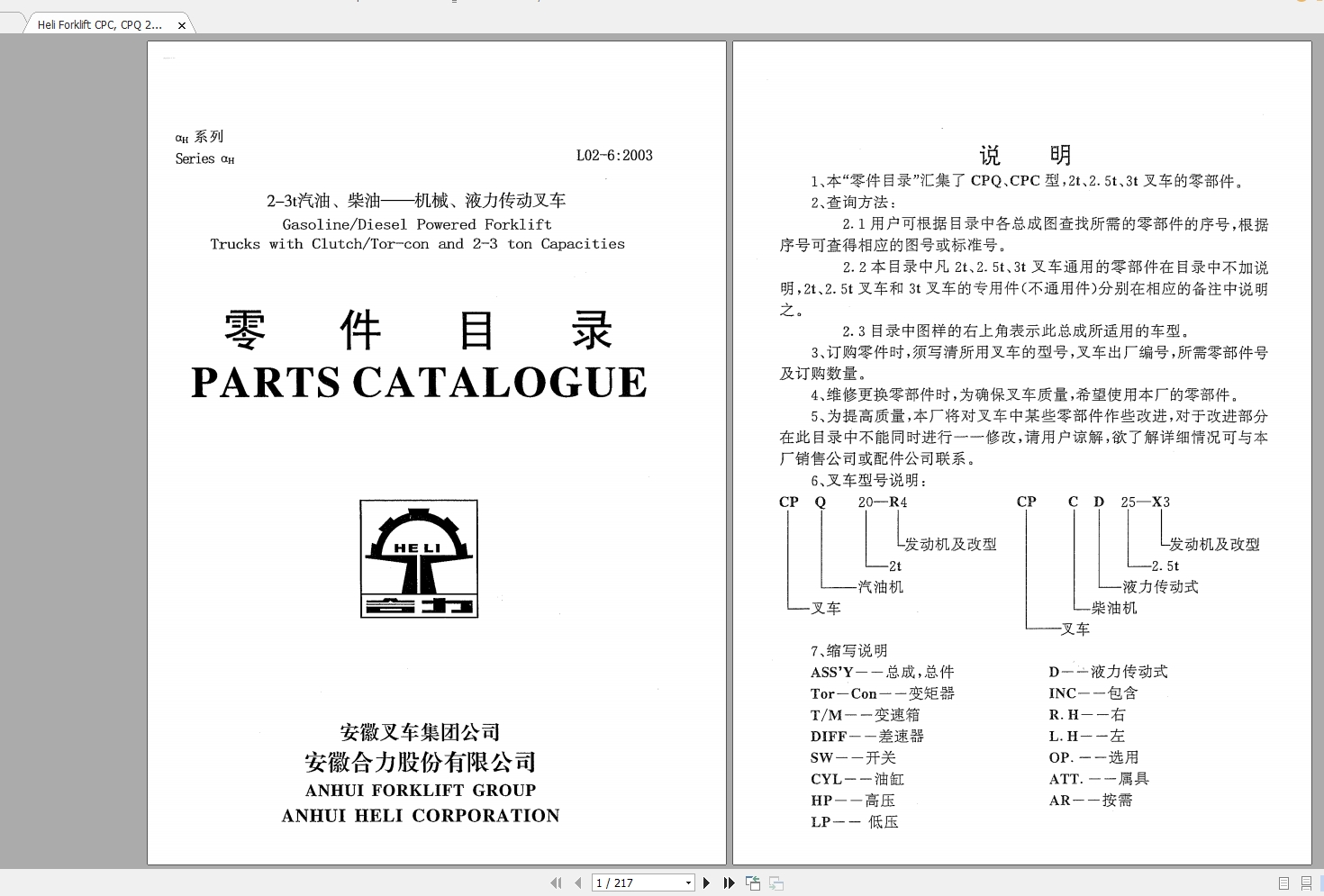 Heli Forklift CPC CPQ 2t25t3t Parts Manual 1