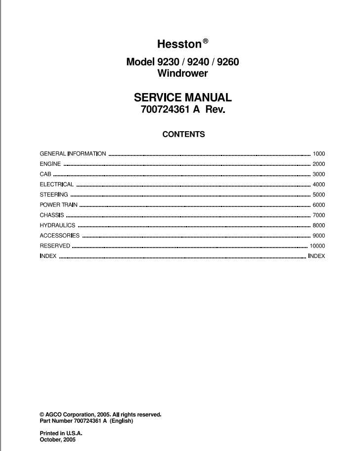 Hesston Harvesting 9230 9240 9260 Windrower Service Manual700724361A 1