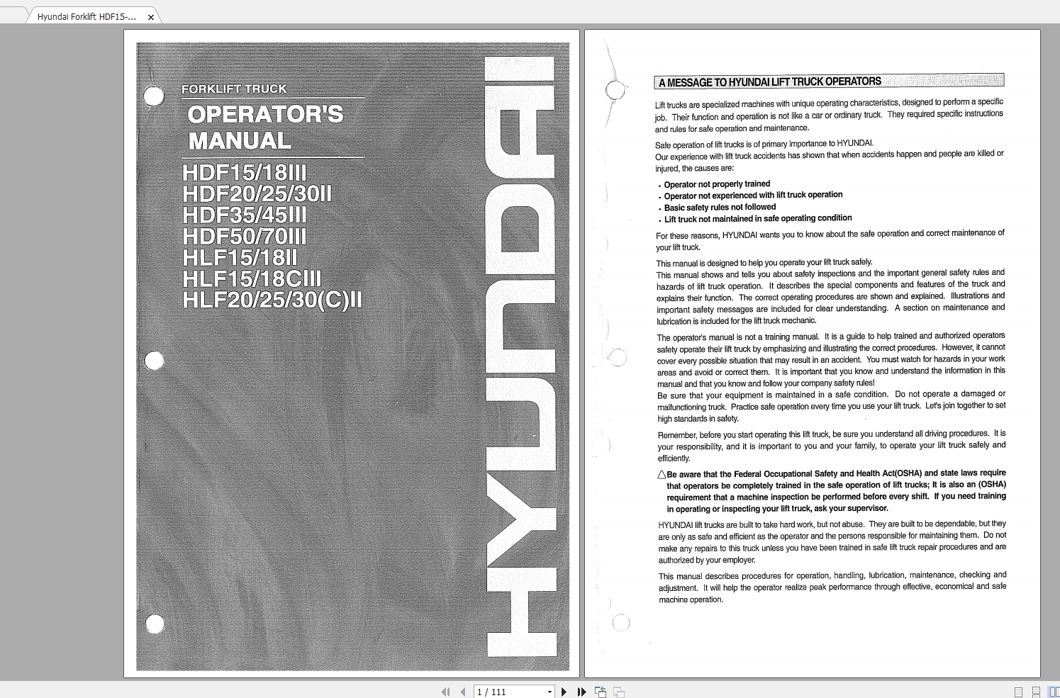 Hyundai Forklift HDF15 18III FLF15 30II III Operators Manual 2