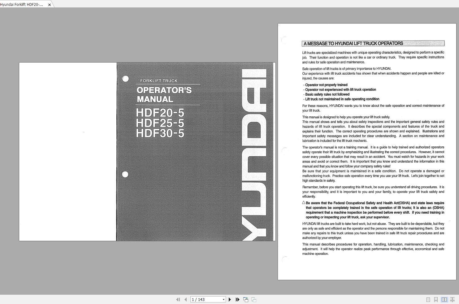 Hyundai Forklift HDF20 5HDF25 5HDF30 5 Operators Manual 1