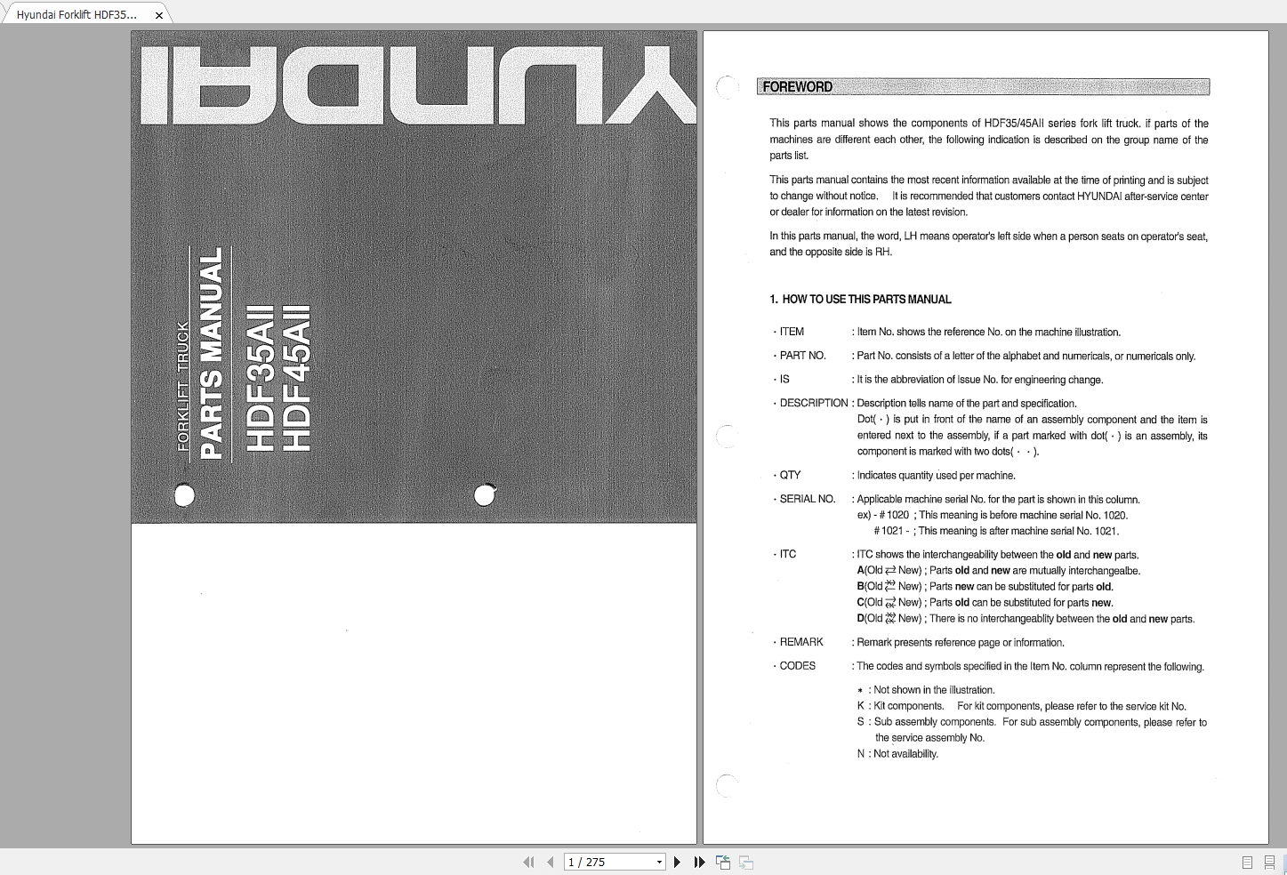 Hyundai Forklift HDF35AIIHDF45AII Parts Manual 1s1I2S